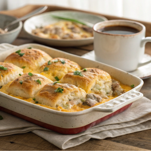 Biscuits and Gravy with Sausage and Egg Breakfast Casserole